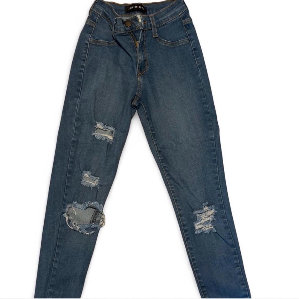 Fashion Nova High Rise Blue Distressed Jeans